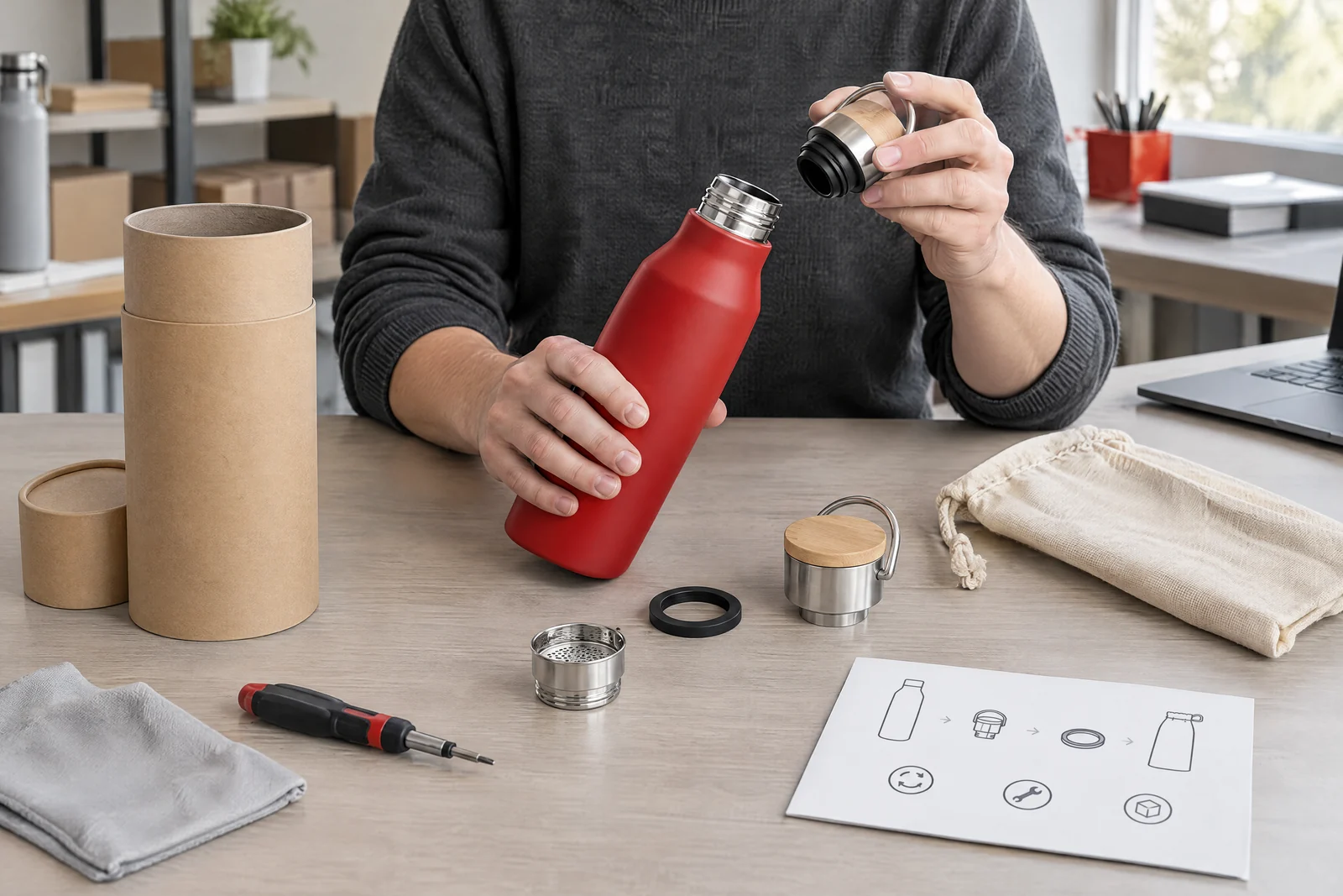 Nachfüllbarer Artikel, austauschbares Bauteil und wiederverwendbare Verpackung zum Materialvergleich.