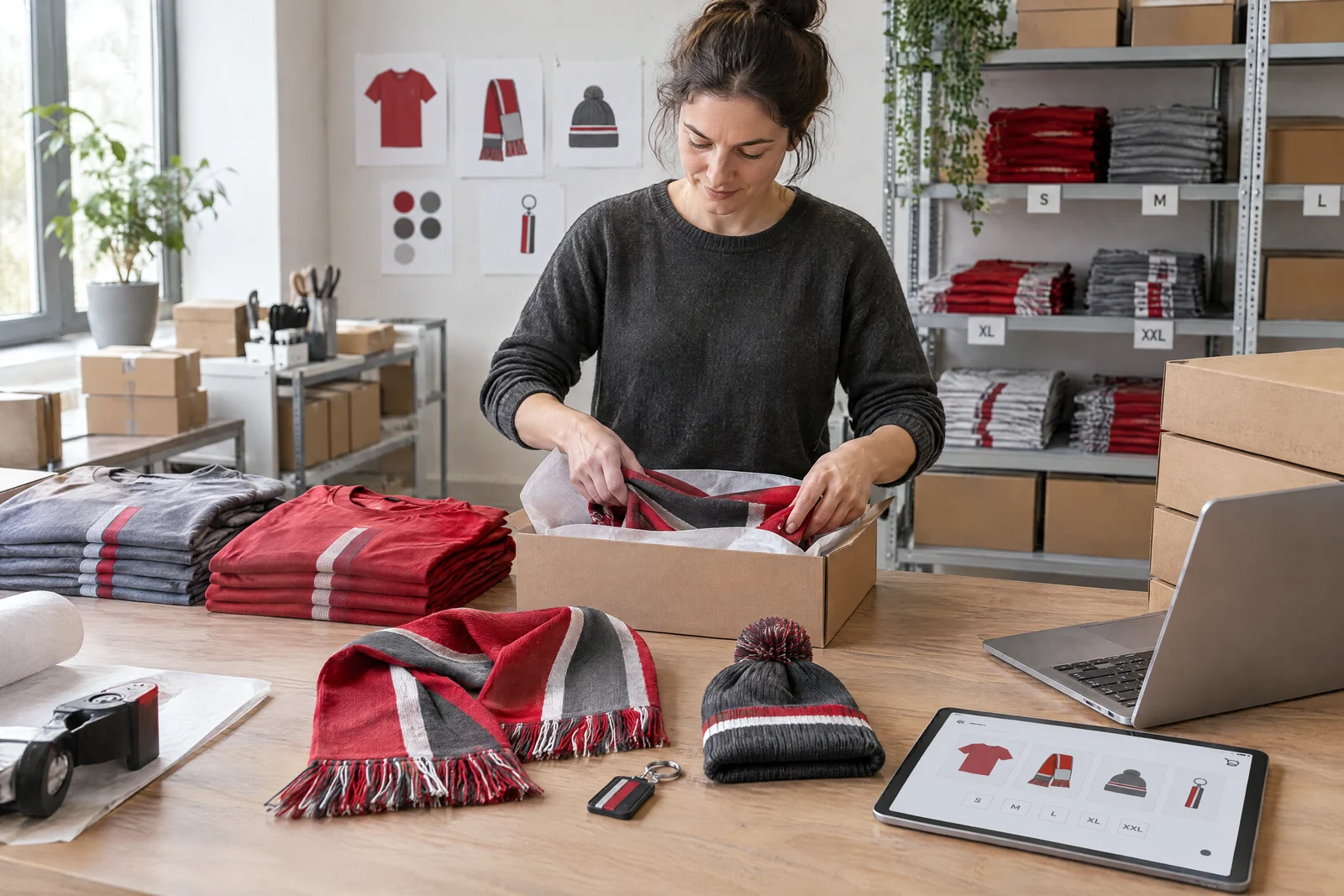 Zusammenpassende Fan-Kollektion aus Shirt, Schal und Accessoire mit Größenvarianten und Versandvorbereitung.