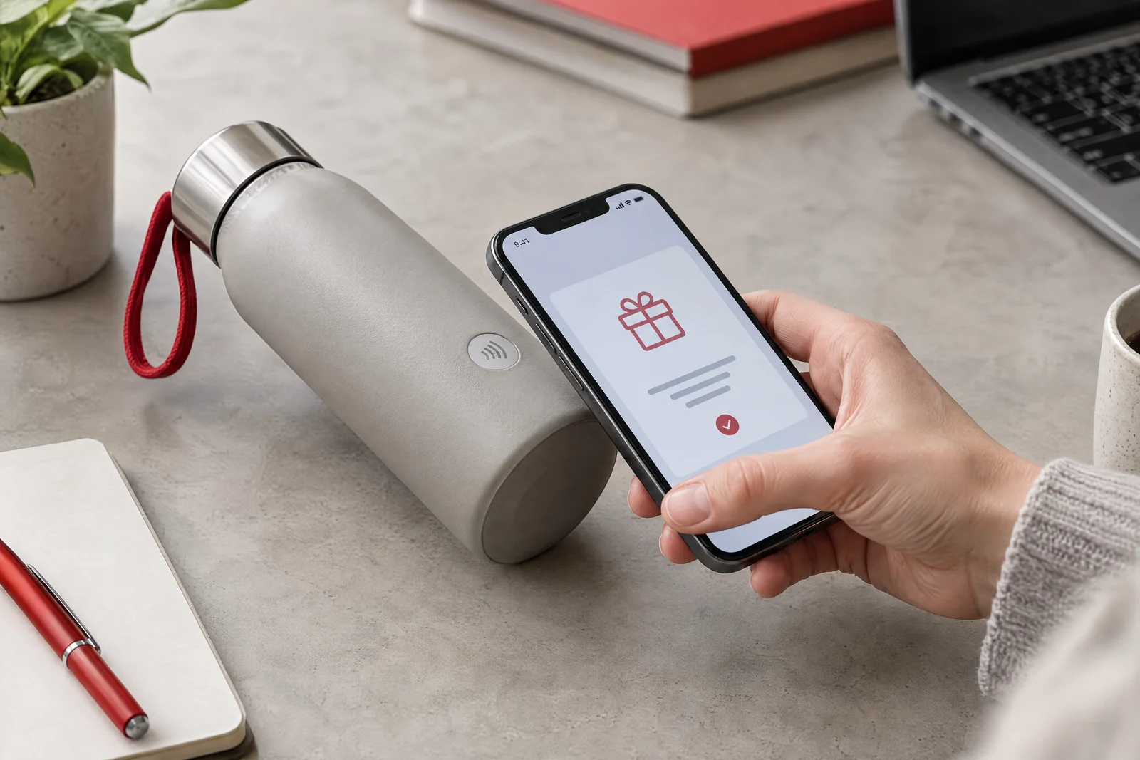 Ein Smartphone an der NFC-Stelle eines Werbeartikels mit einer einfachen Zielkarte auf dem Display.