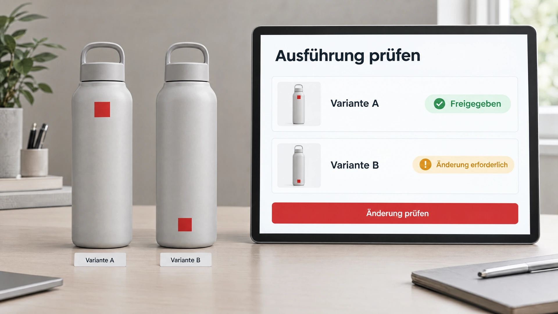 Zwei neutrale Produktvarianten neben einer Freigabeansicht mit freigegebenem und prüfbedürftigem Stand.