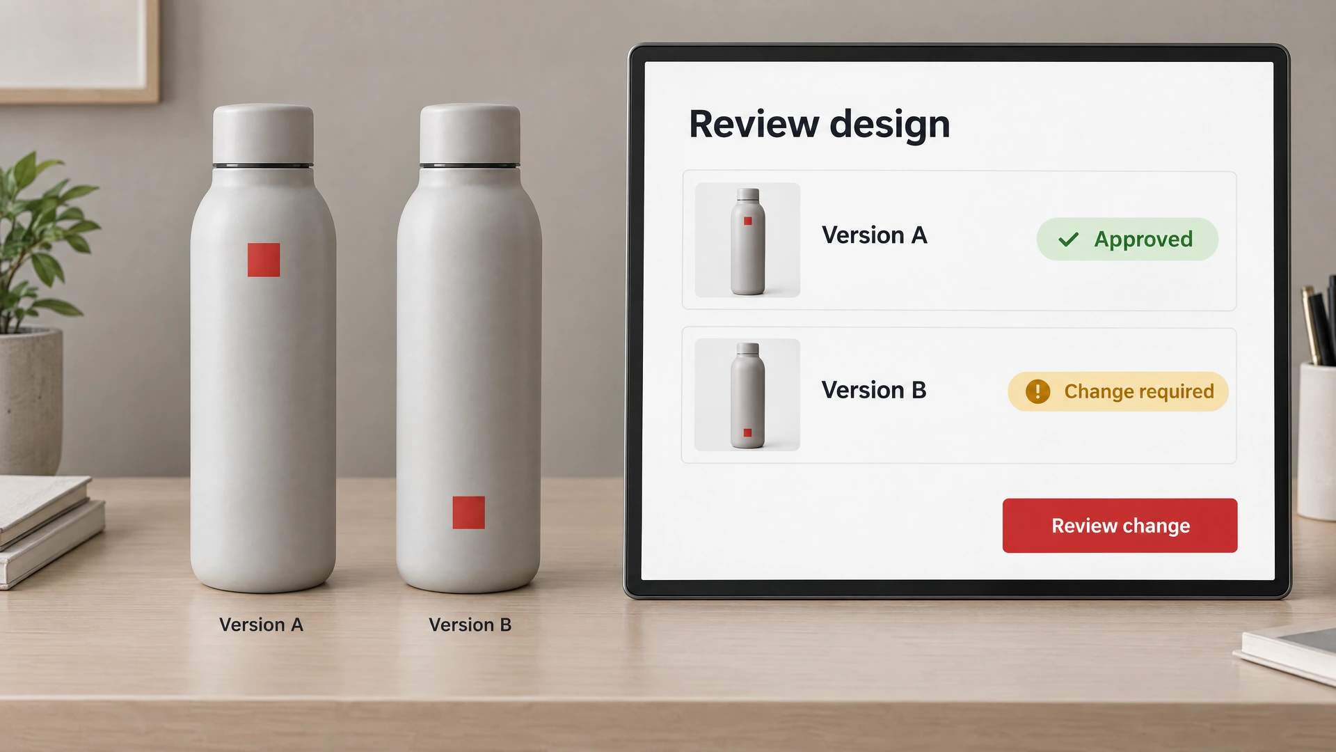 Two neutral product variants beside an approval view showing an approved version and one needing review.
