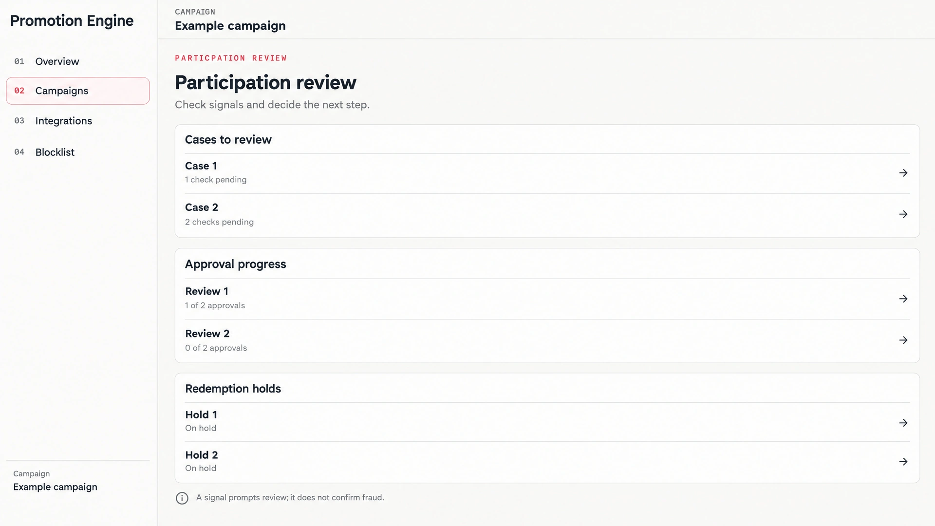 Promotion Engine participation review with pending checks and redemption holds.