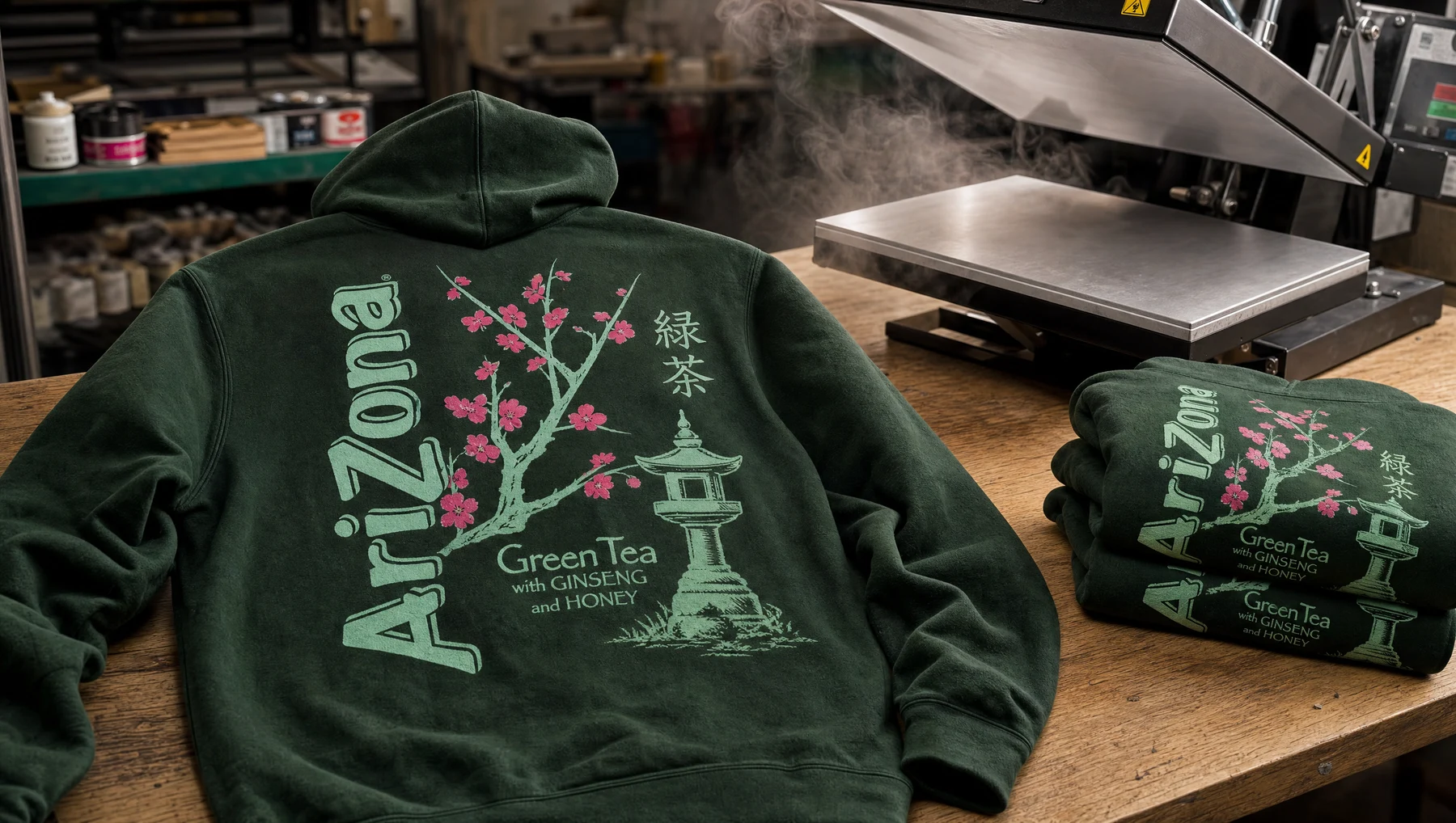 Grüner AriZona-Hoodie mit Kirschblütenmotiv an einem Arbeitsplatz zur Textilveredelung.