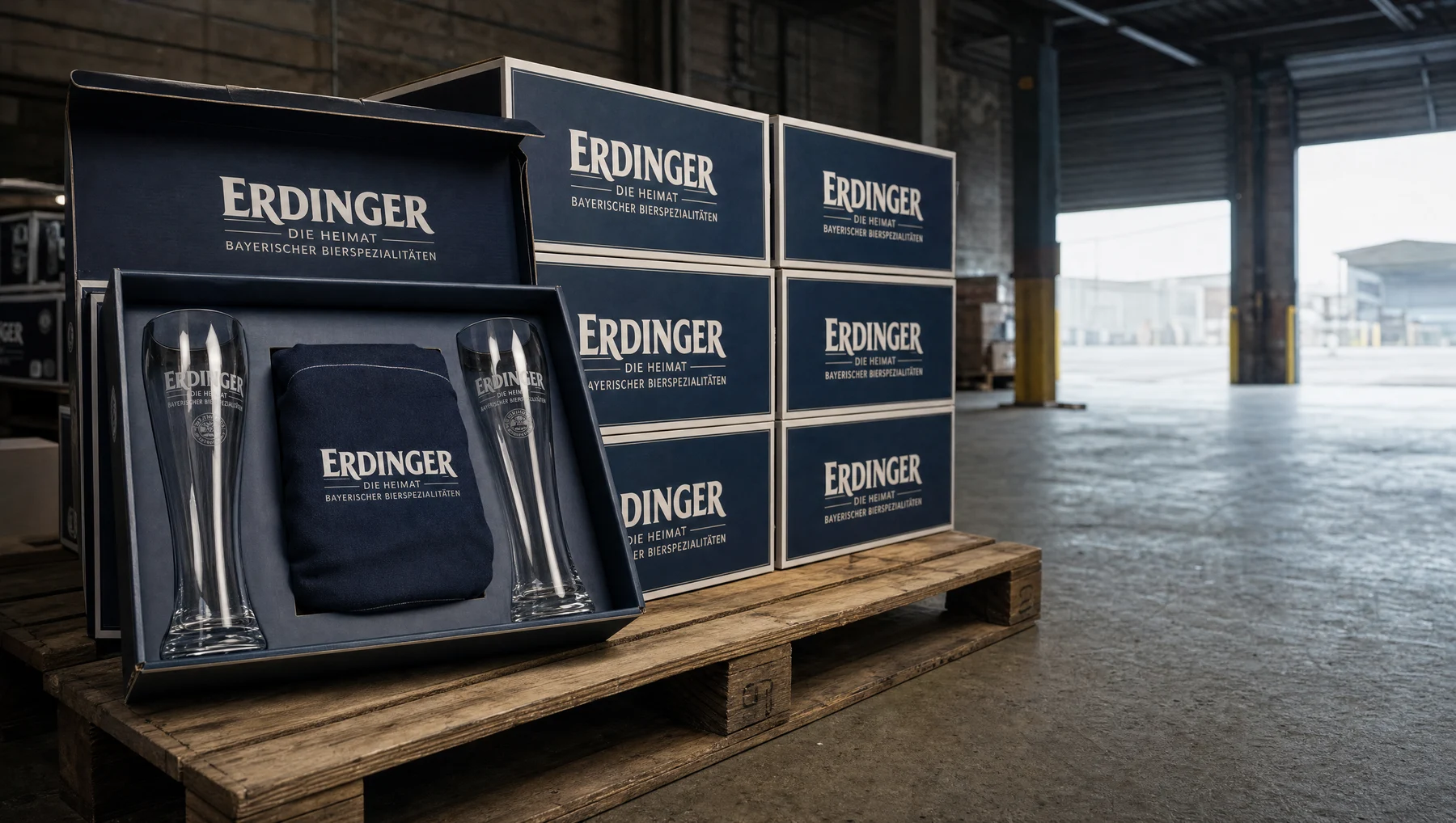 Vorbereitete Erdinger-Aktionssets mit Gläsern und Textilzugaben vor dem Handelsversand.