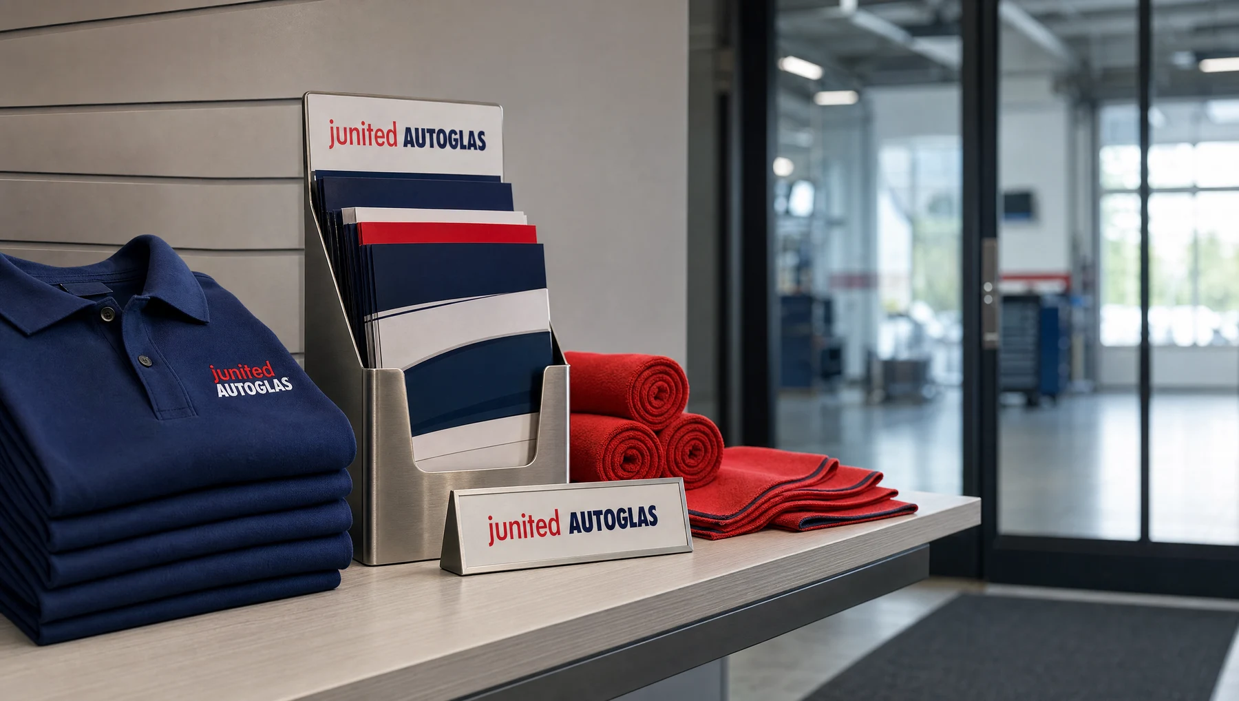 Werbemittelsortiment von junited AUTOGLAS mit Textilien, Tüchern und Empfangsmaterial.