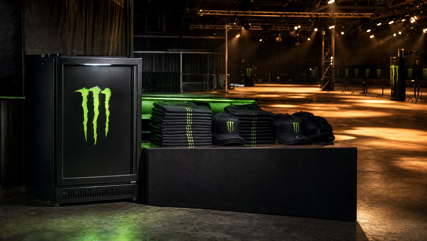 Vorbereiteter Monster-Energy-Aktionsstand mit Kühlbox und Merchandise.