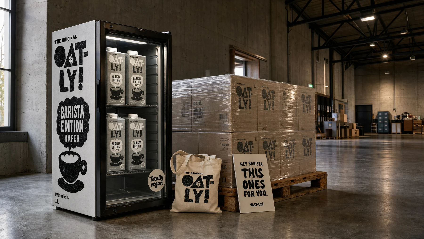 Oatly-Kühlschrank mit Produkten und POS-Zubehör in der Transportvorbereitung.