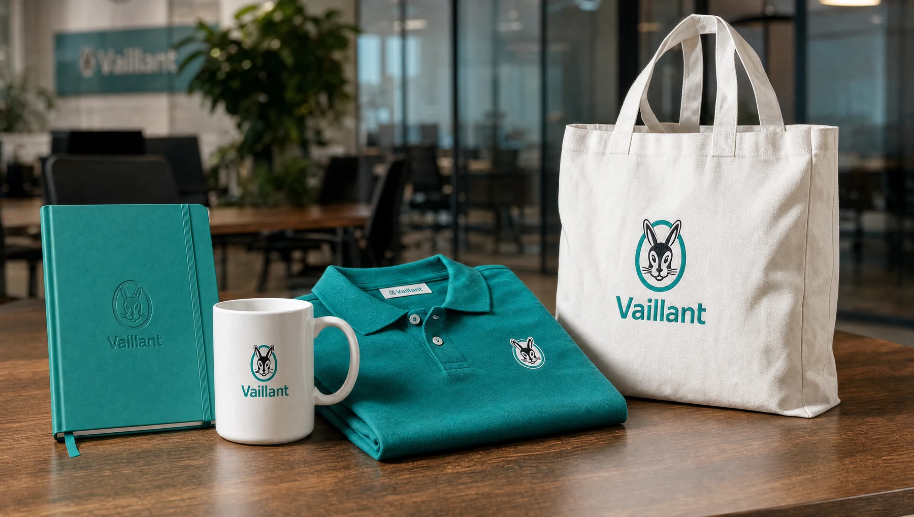 Vaillant-Notizbuch, Tasse, Poloshirt und Tasche als Werbemittelsortiment.