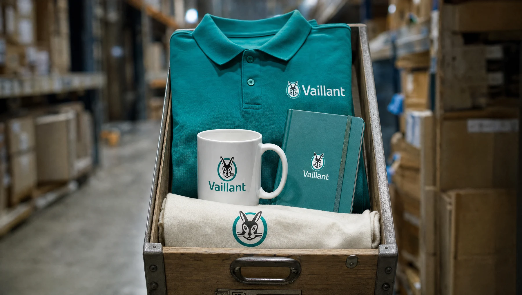 Vaillant-Werbeartikel in grünen und weißen Varianten in geordneten Lagerfächern.