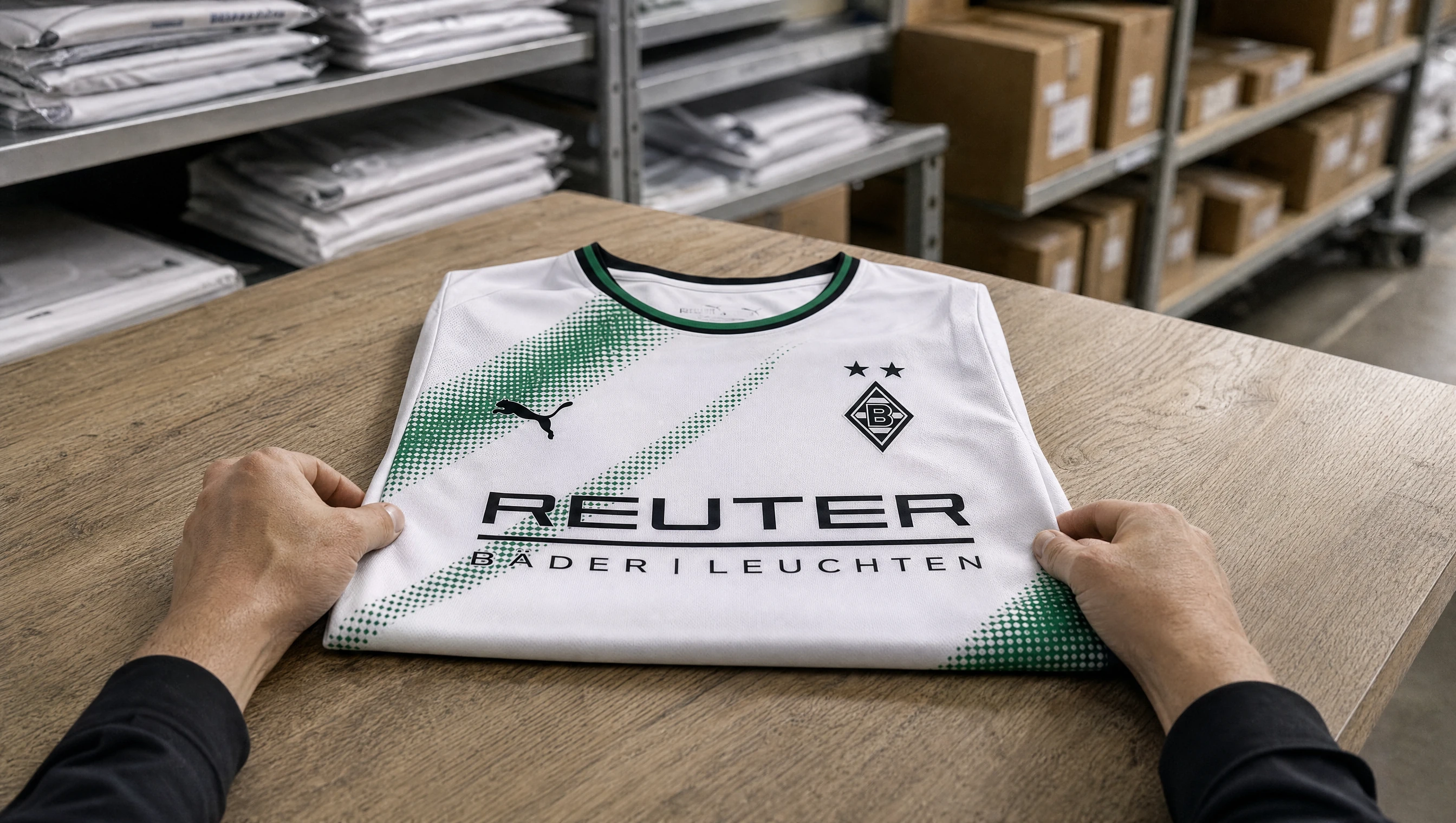 Ein weiß-grünes Borussia-Mönchengladbach-Trikot wird am Packplatz für den Versand gefaltet.