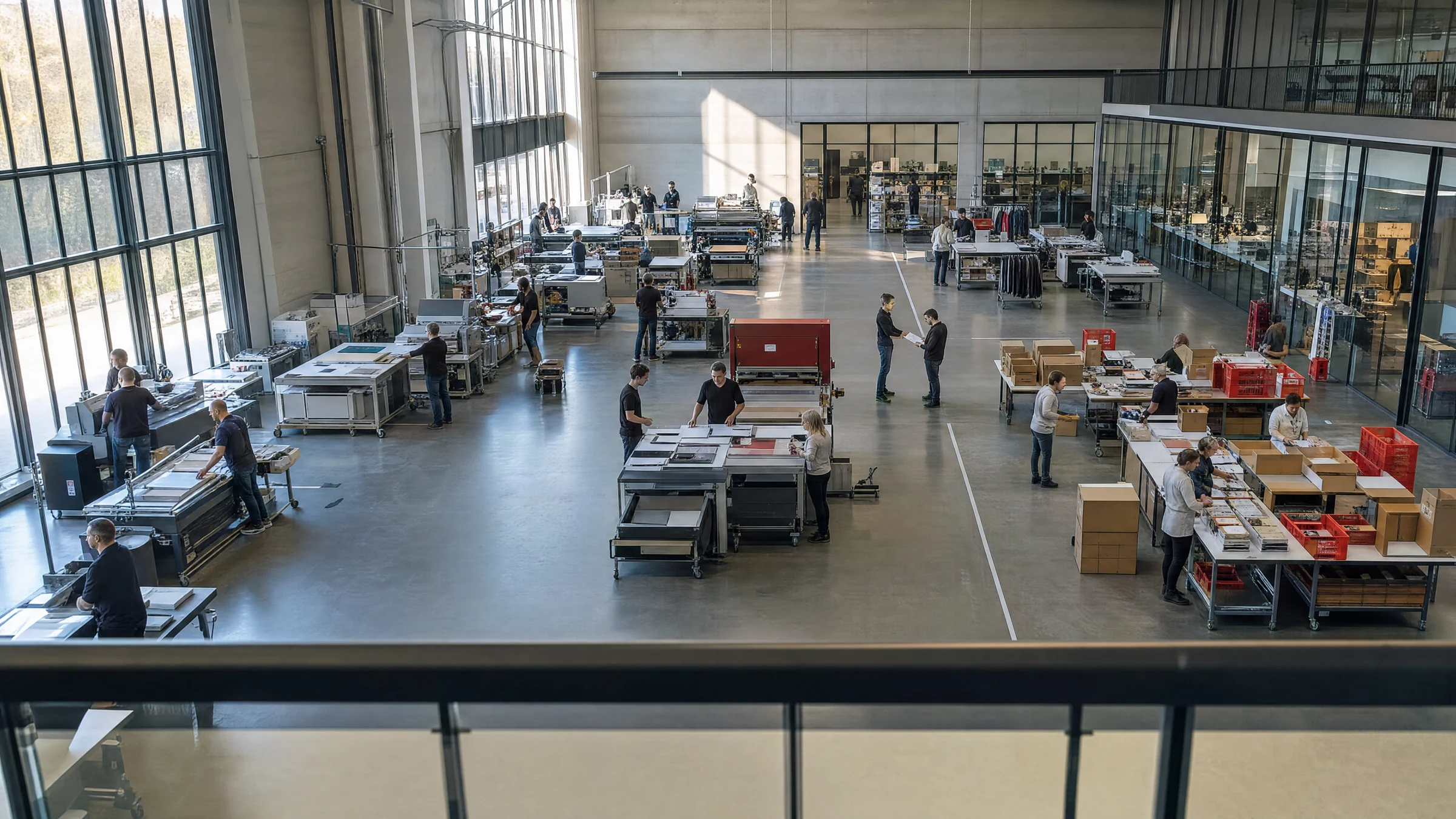 Blick über mehrere Arbeitsbereiche mit Mitarbeitenden in Veredelung, Konfektionierung und Abstimmung.