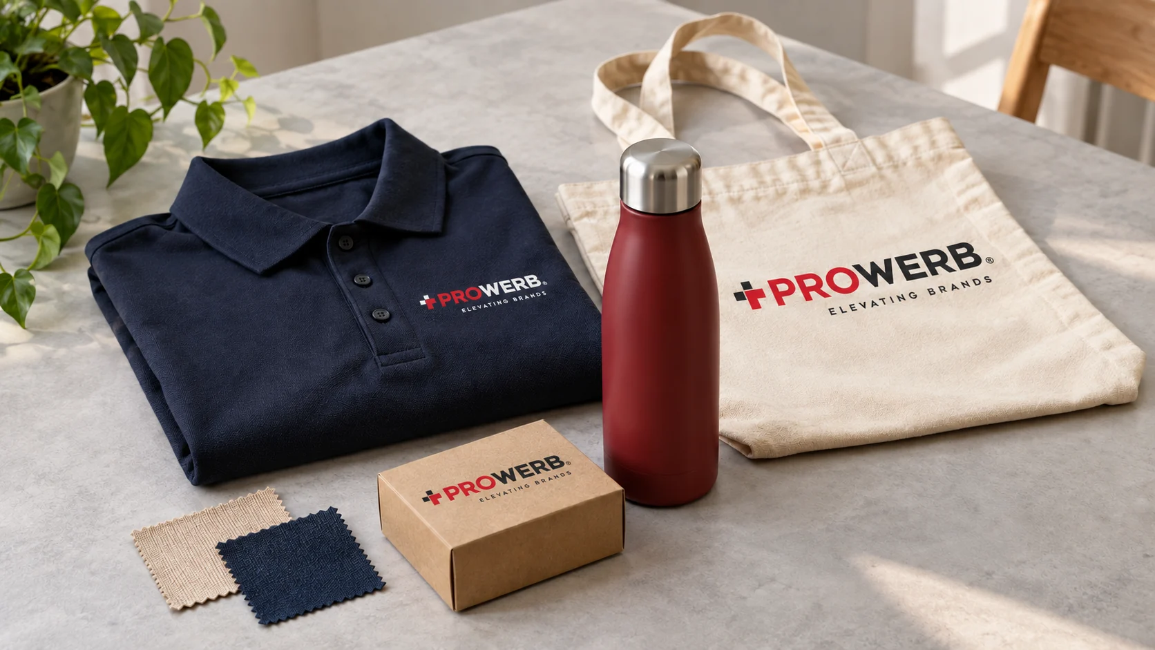 PROWERB-Poloshirt und Baumwolltasche mit Trinkflasche und Stoffmustern zur Artikelauswahl