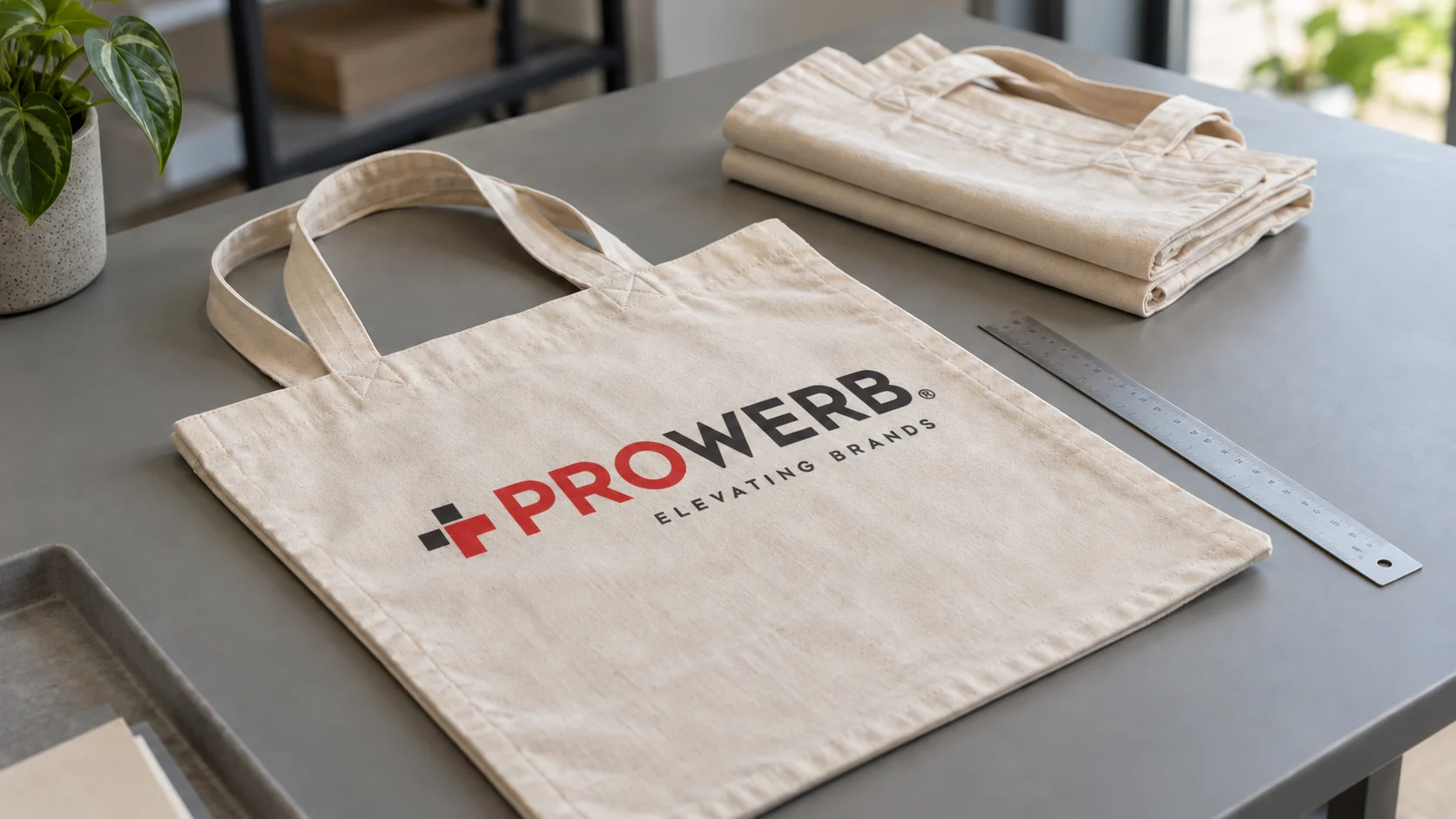 Fertige Baumwolltasche mit PROWERB-Logo und Maßstab zur Qualitätskontrolle