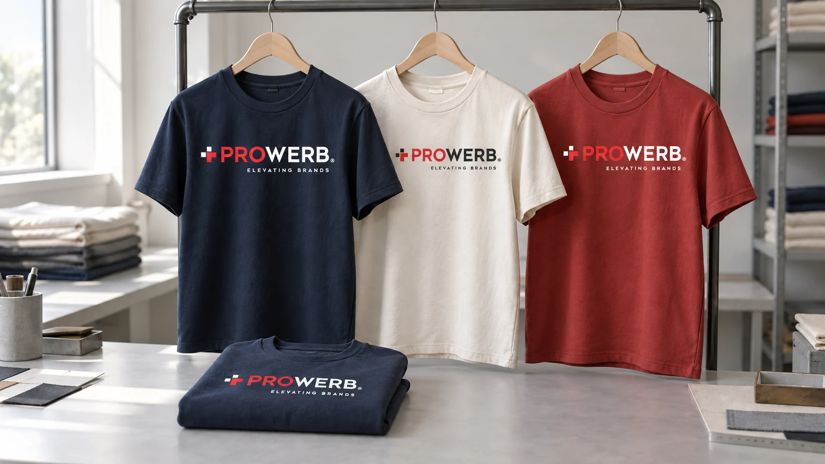Drei T-Shirts und ein gefaltetes Sweatshirt mit aufgedrucktem PROWERB-Logo.