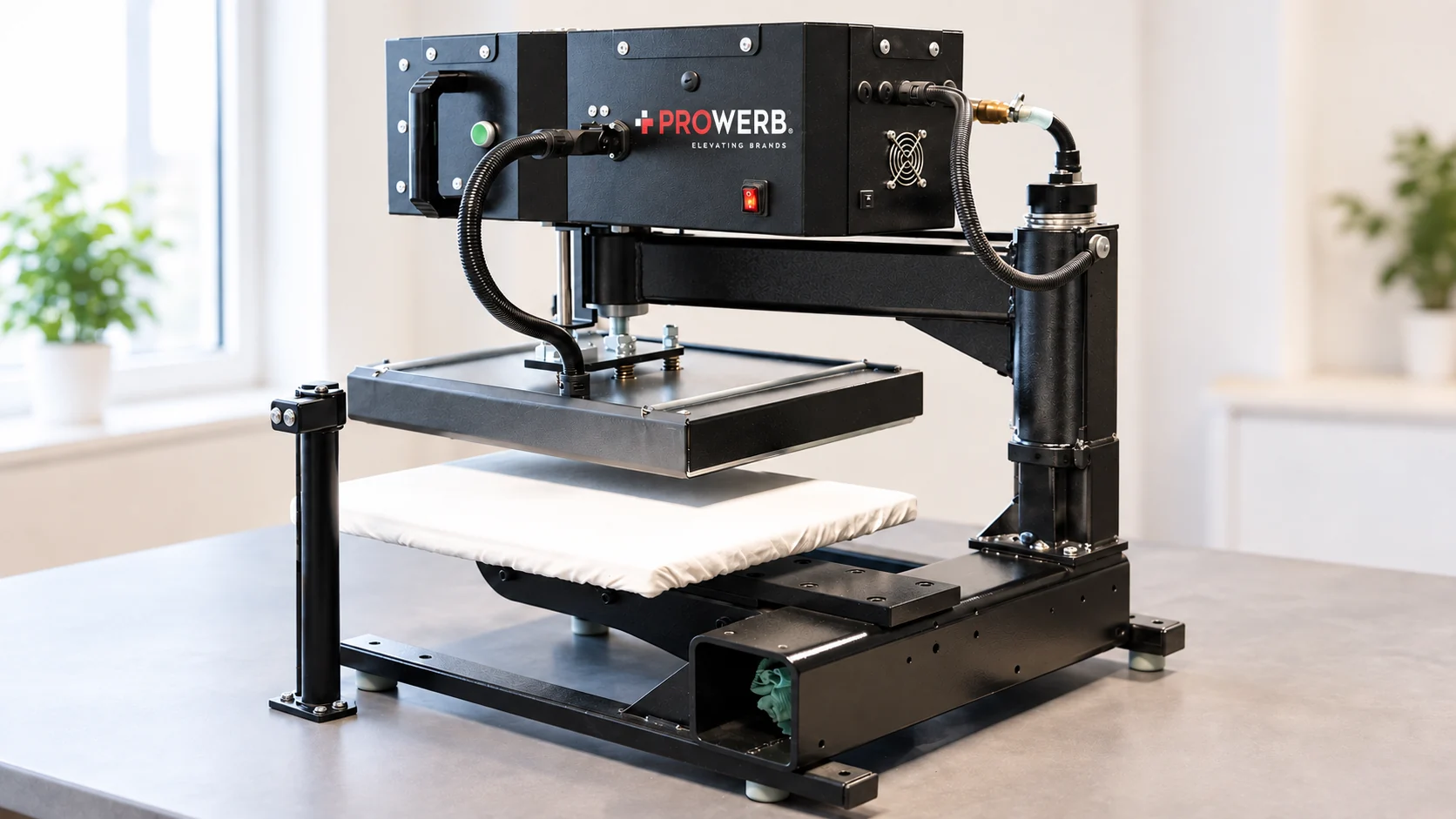 Geöffnete moderne Transferpresse mit PROWERB-Kennzeichnung und flacher Textilauflage