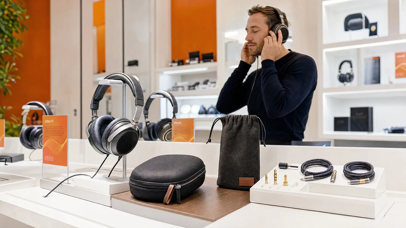 Headphones, accessories and information at a specialist retail listening station.