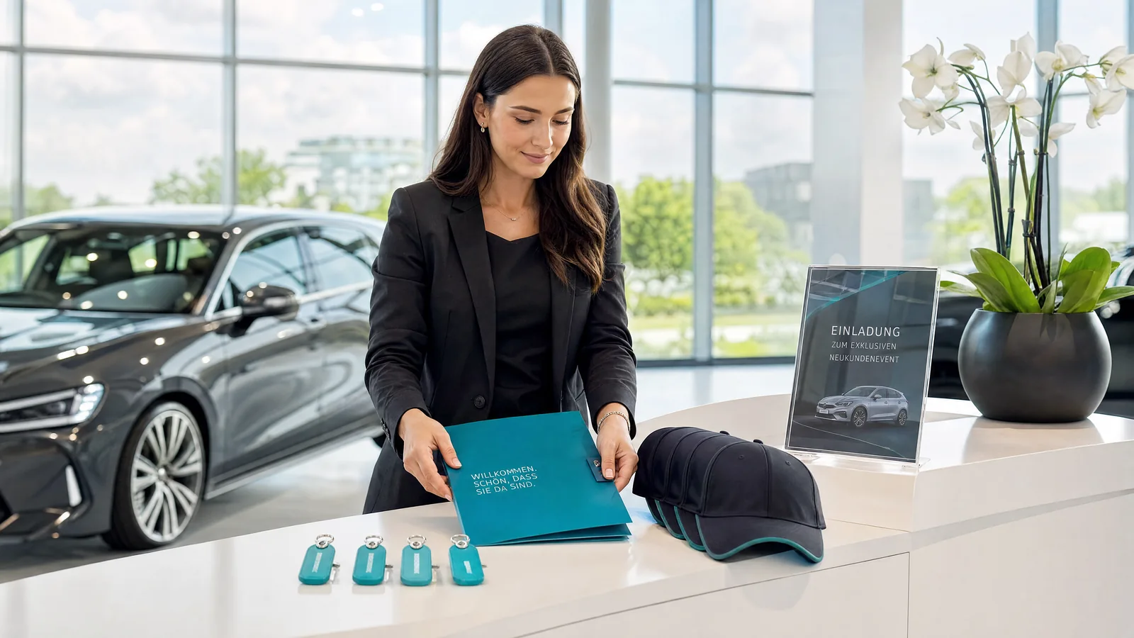 Willkommensmaterial, Caps und Schlüsselanhänger am Empfang eines Autohauses.