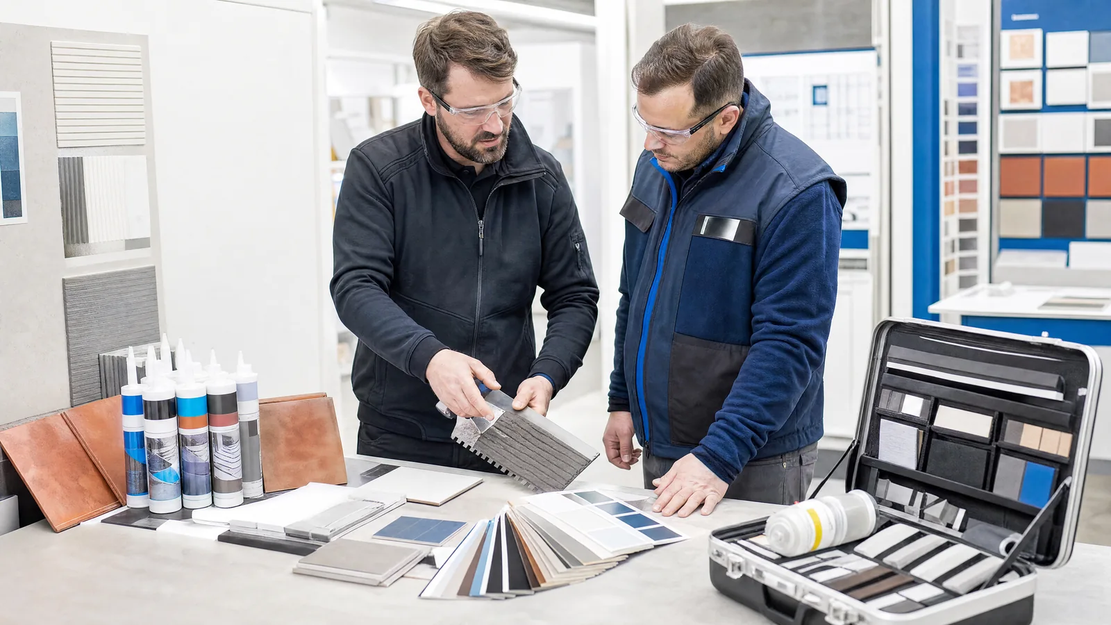 Comparing material samples and products at a builders merchant.