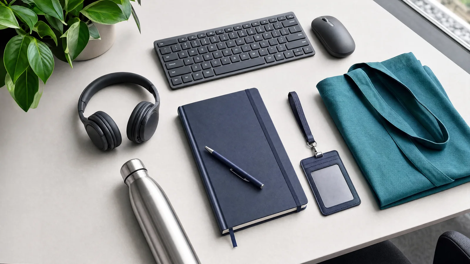 A coordinated office and welcome set with accessories, notebook and bag.