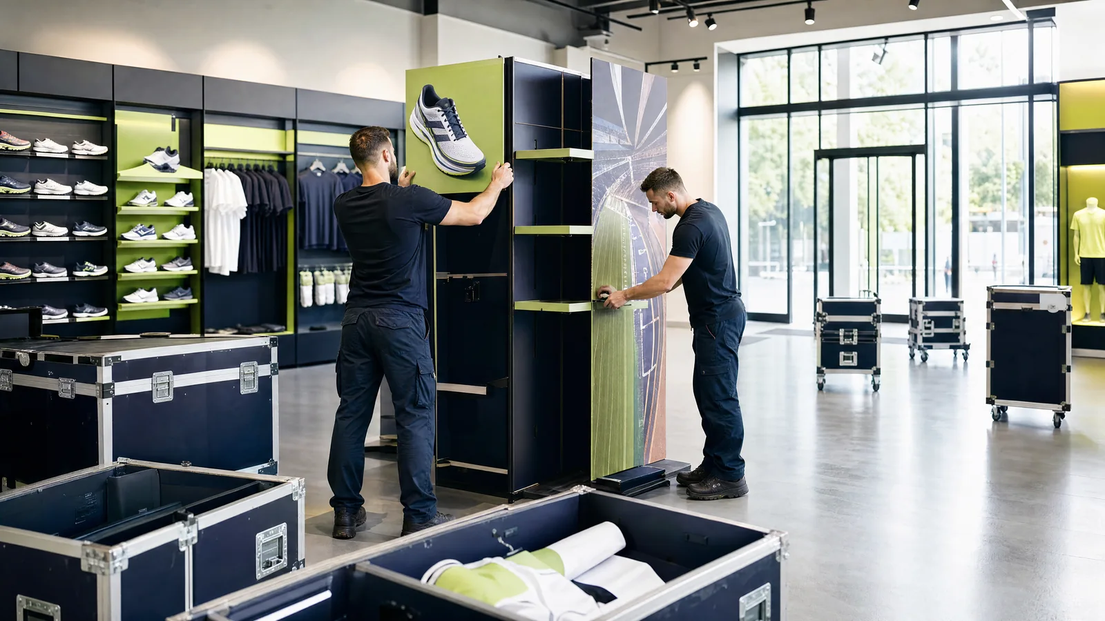 Vorbereitung eines Displays und des Aktionsmaterials im Handel.