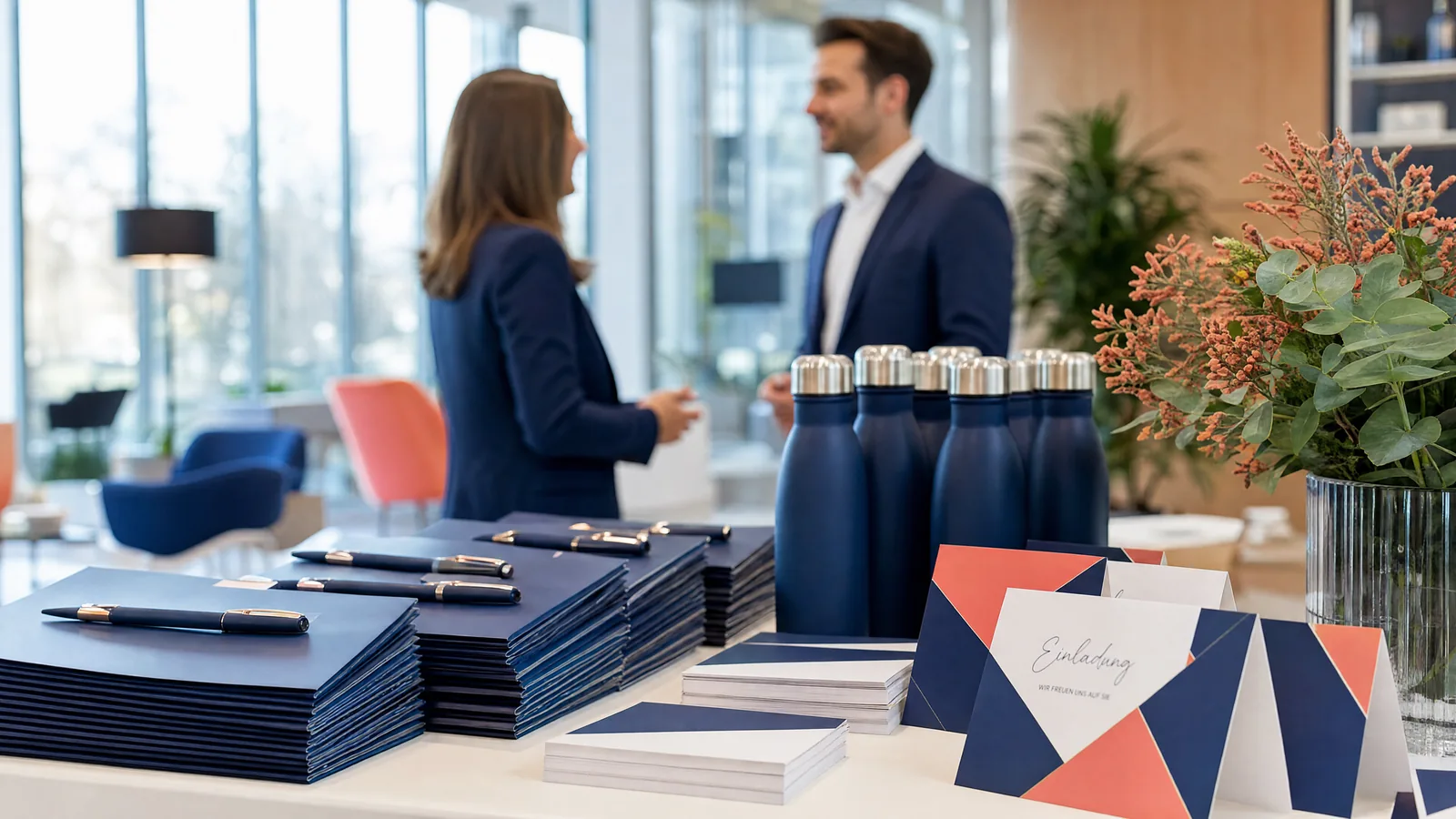 Documents and merchandise prepared for a customer event at a branch.