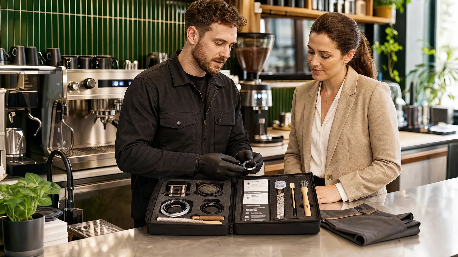 Service accessories and documents being reviewed at a coffee station.