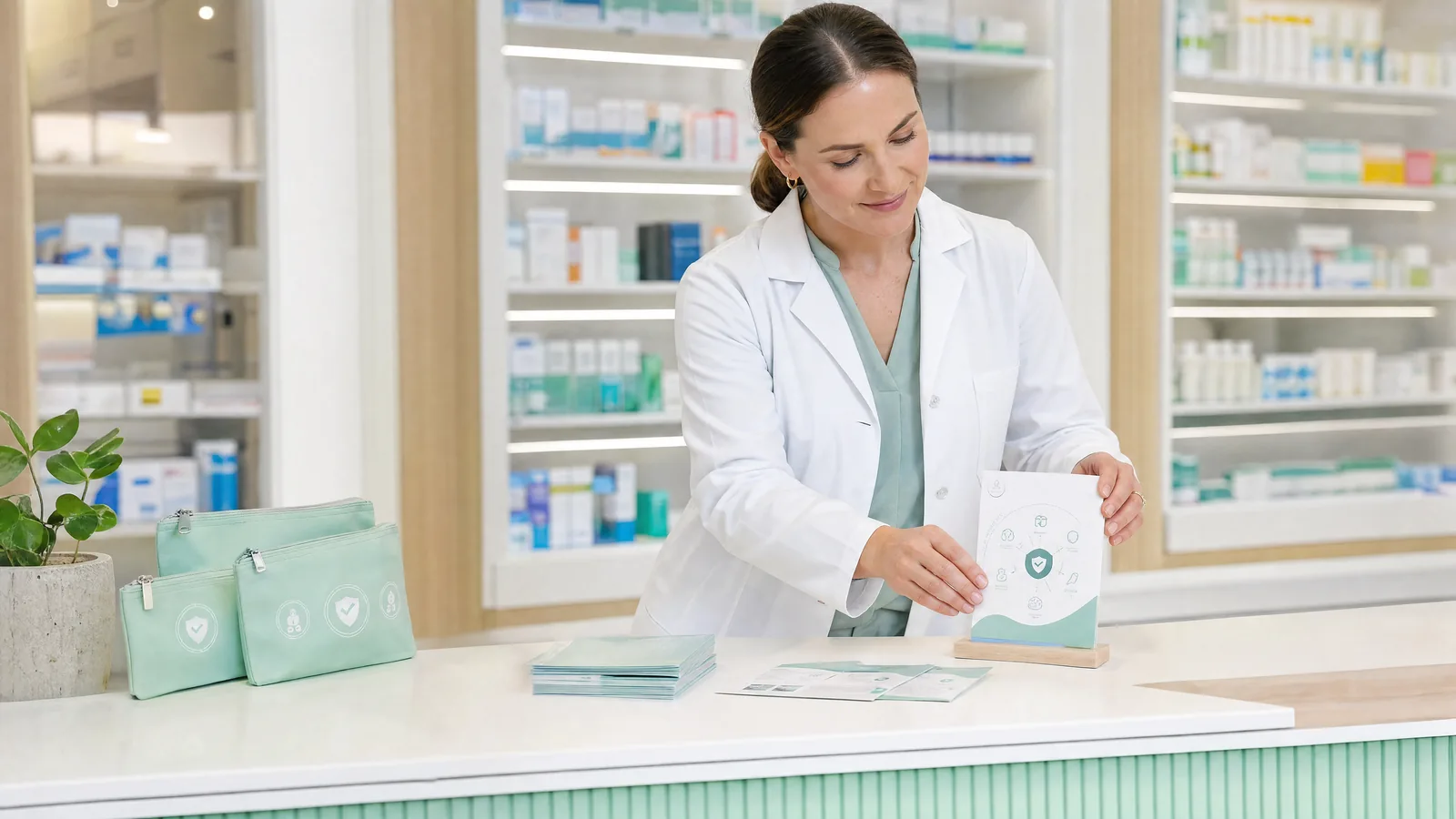 Information materials and campaign sets at a pharmacy counter.