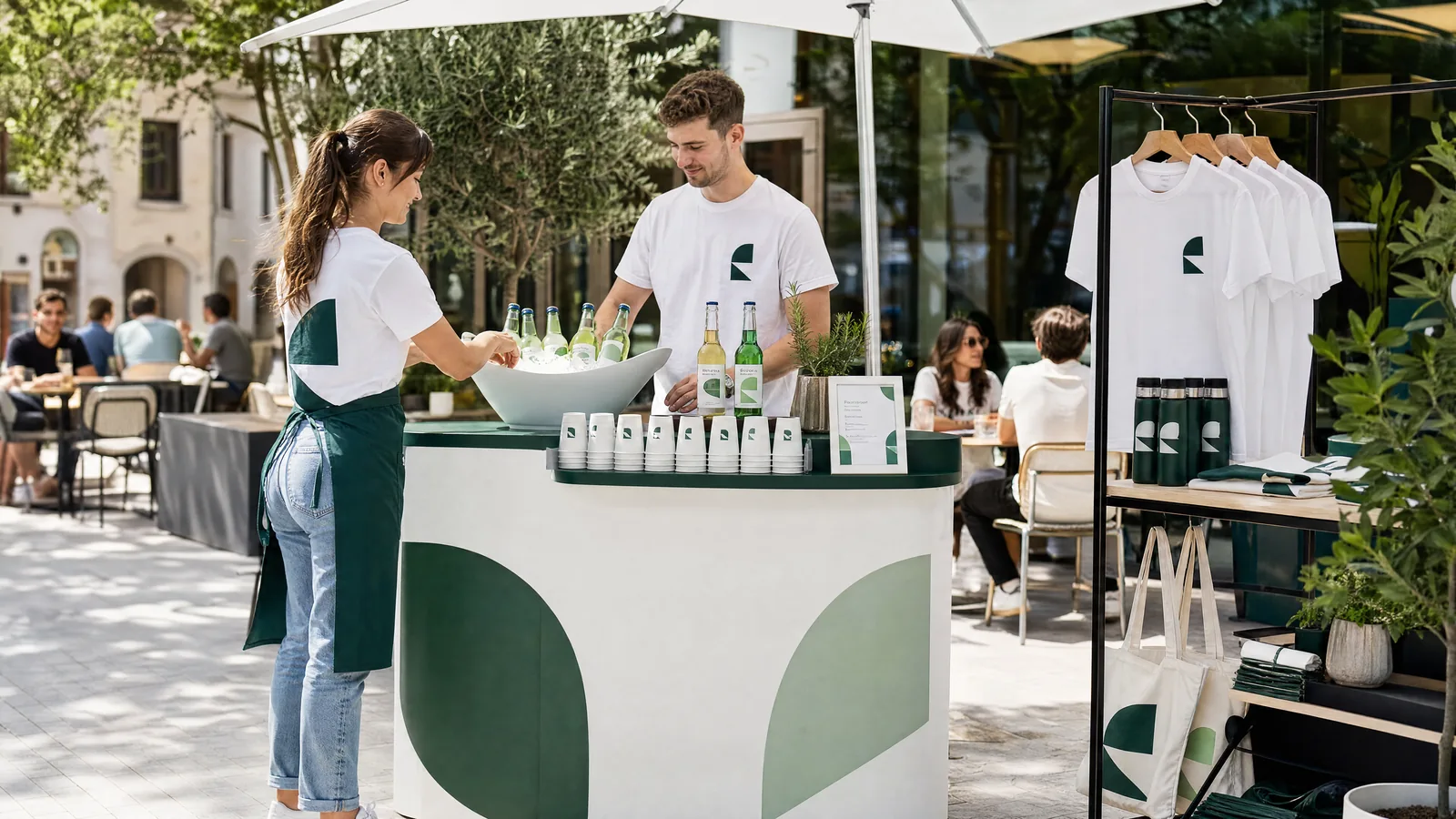 Aktionsstand auf einer Caféterrasse mit Getränken, Bechern und passendem Merchandise.