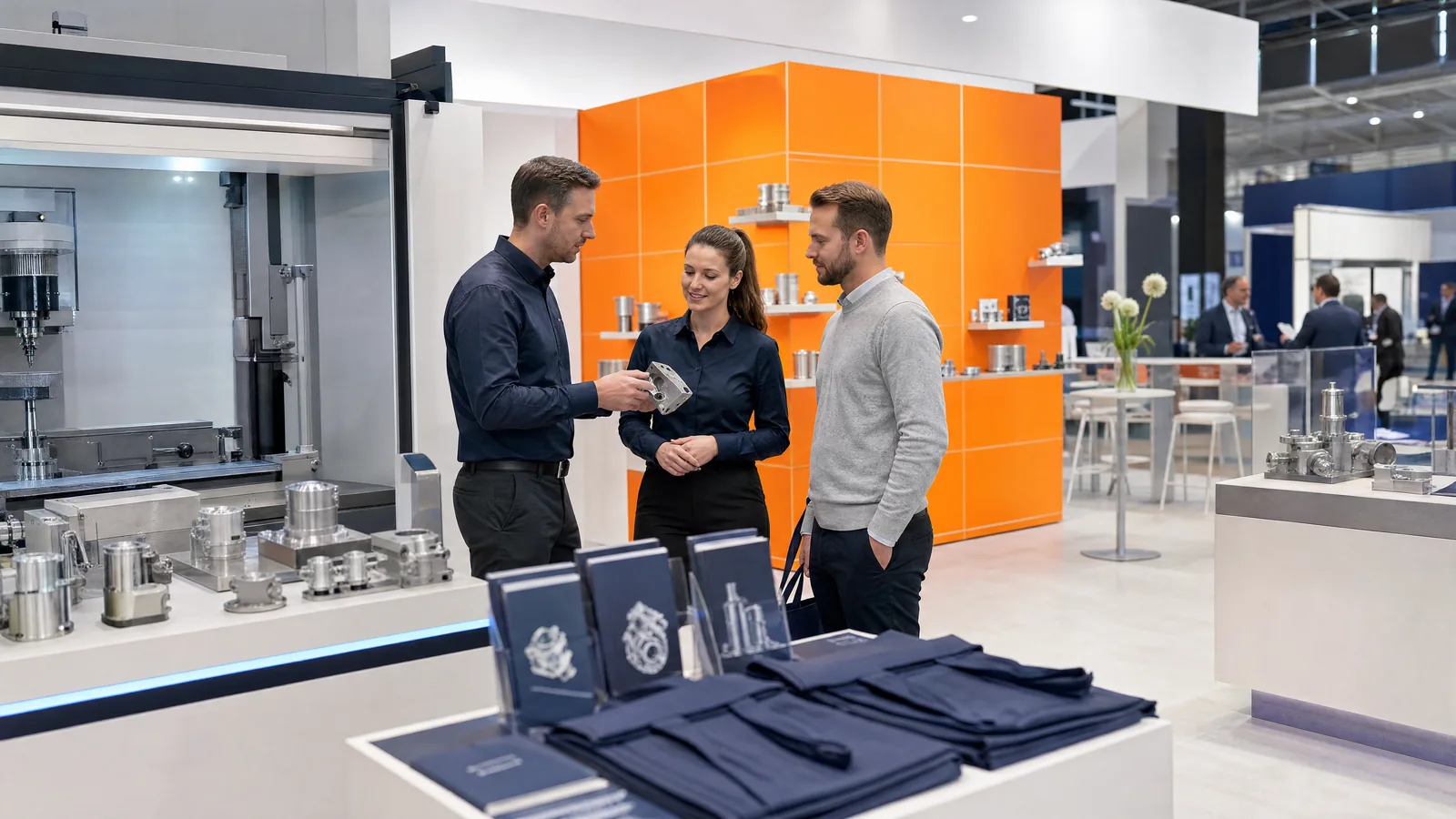 Technical samples, documents and merchandise at an industrial trade fair booth.