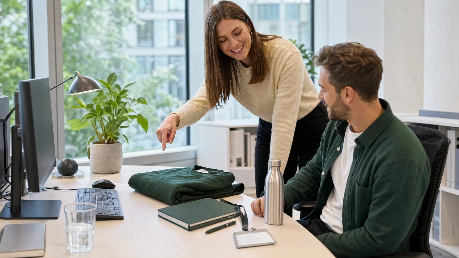 Ein vorbereiteter Arbeitsplatz mit Willkommensmaterial für einen neuen Mitarbeitenden.