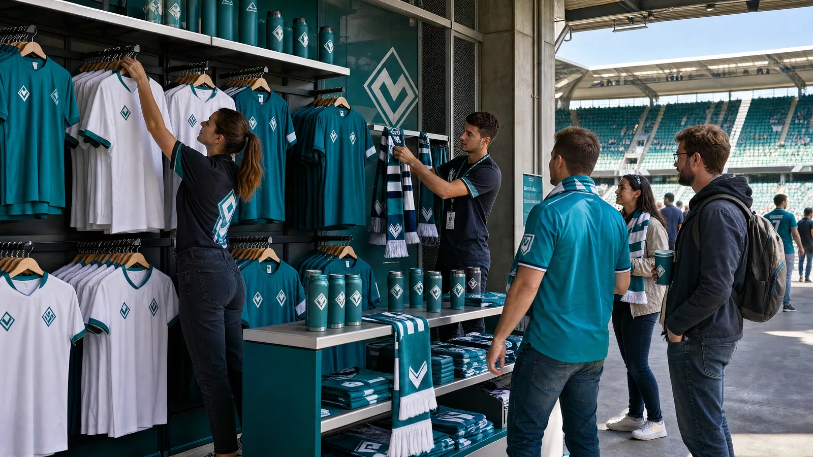 Trikots, Schals und Becher an einem Fanartikelstand im Stadion.