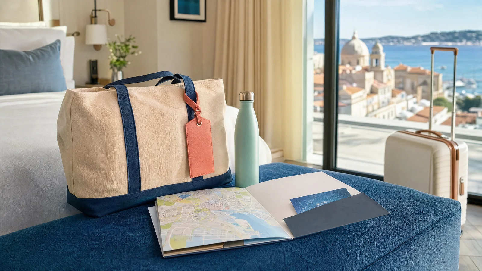 Travel and welcome materials with a bag, bottle and luggage tag in a hotel.