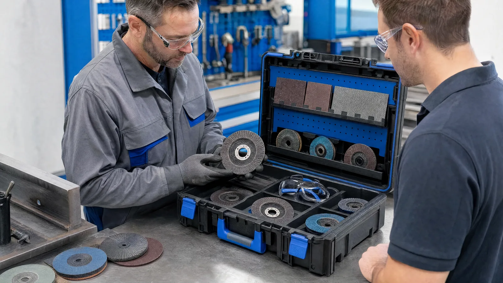Comparing abrasives and tool samples at a demonstration station.