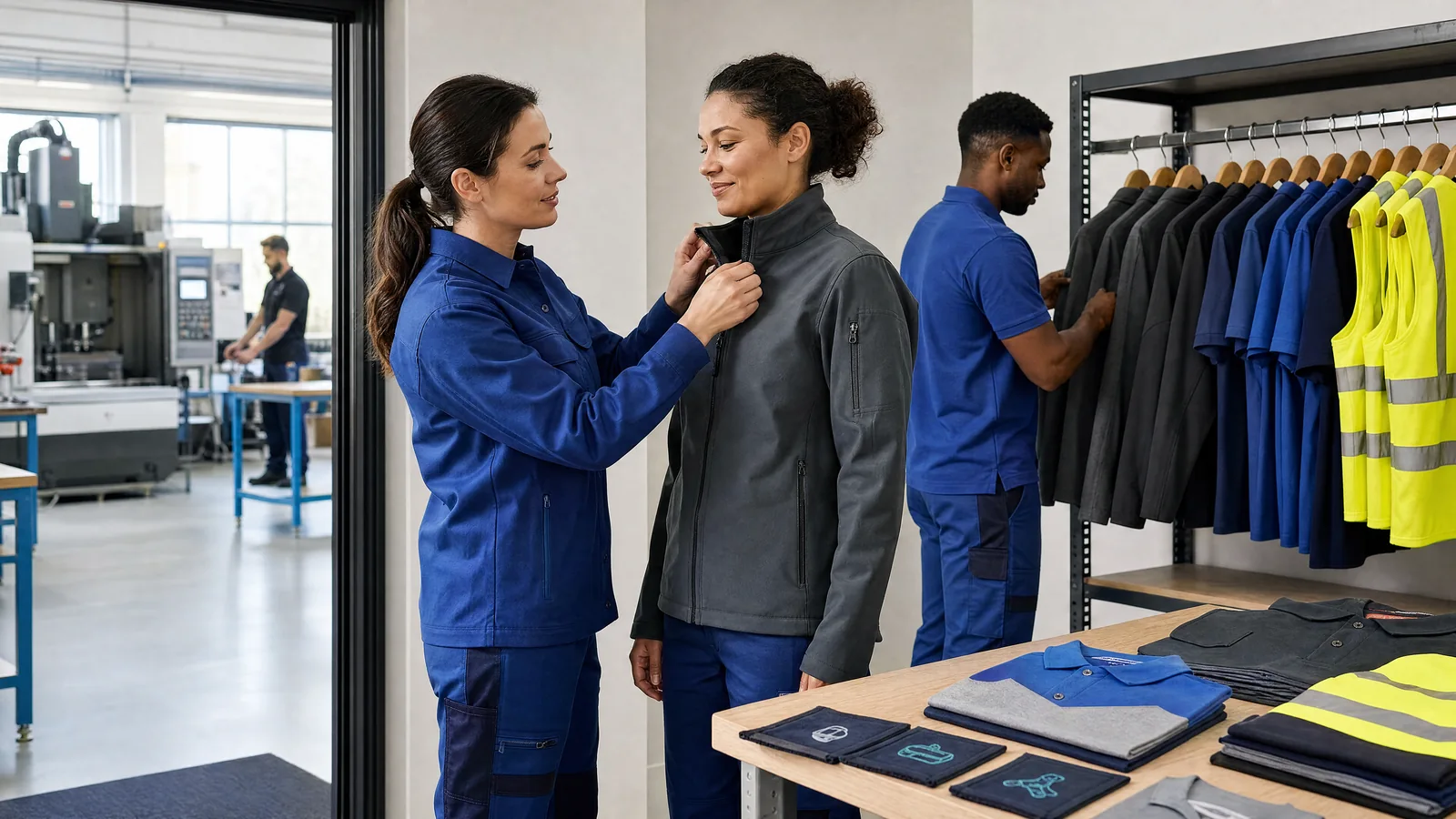 A workwear fitting with jackets and polo shirts in different sizes.