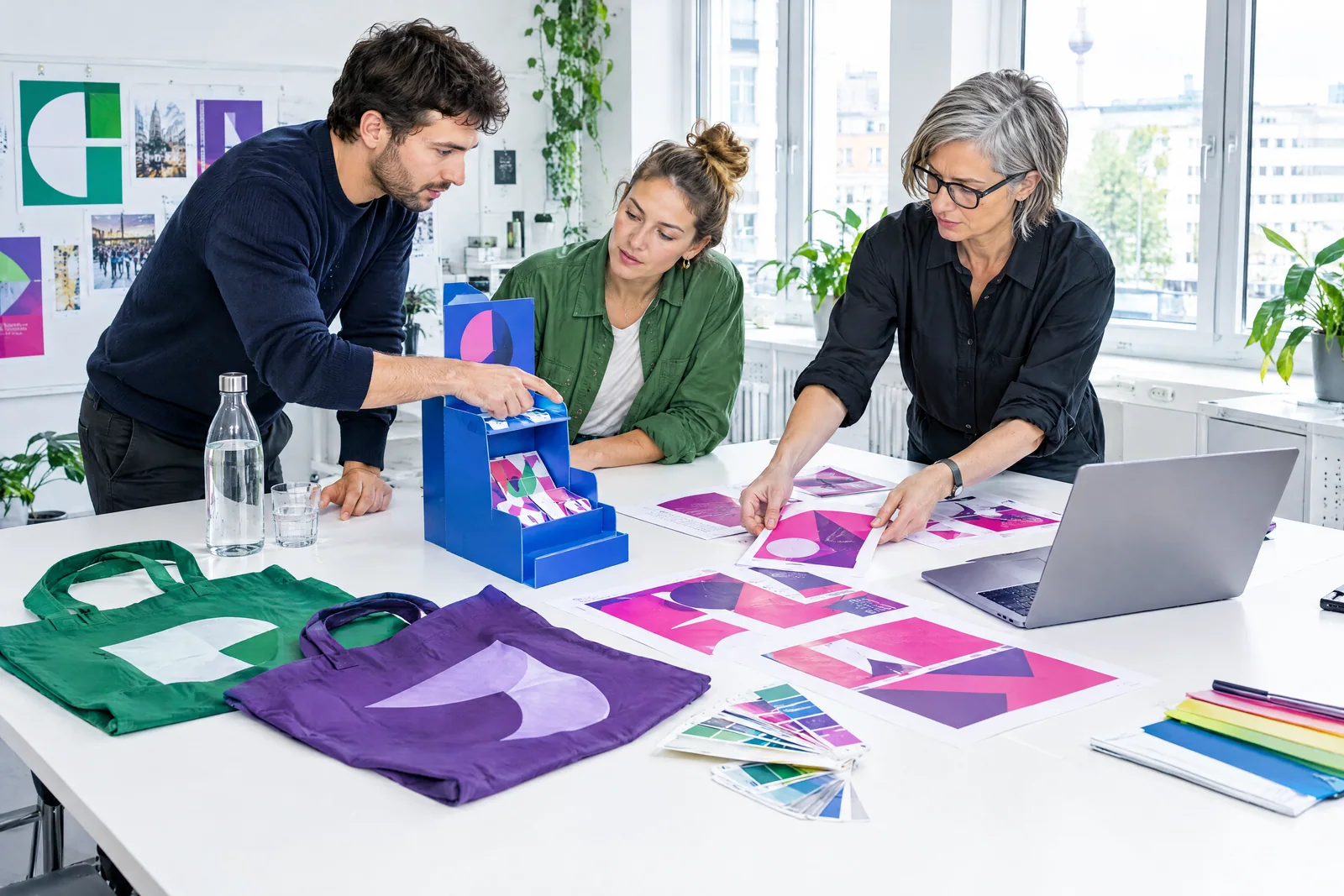 Ein Kampagnenteam stimmt Gestaltung, Aktionsmaterialien und einen Displayentwurf ab.
