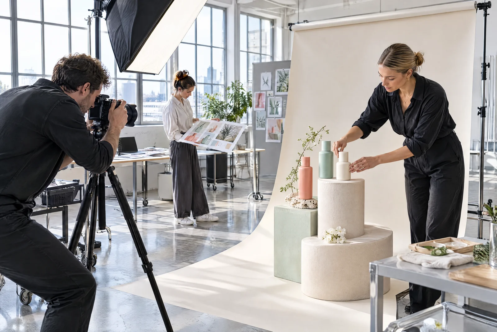 Ein Produktionsteam inszeniert Produkte und erstellt die Bildwelt einer Kampagne im Fotostudio.