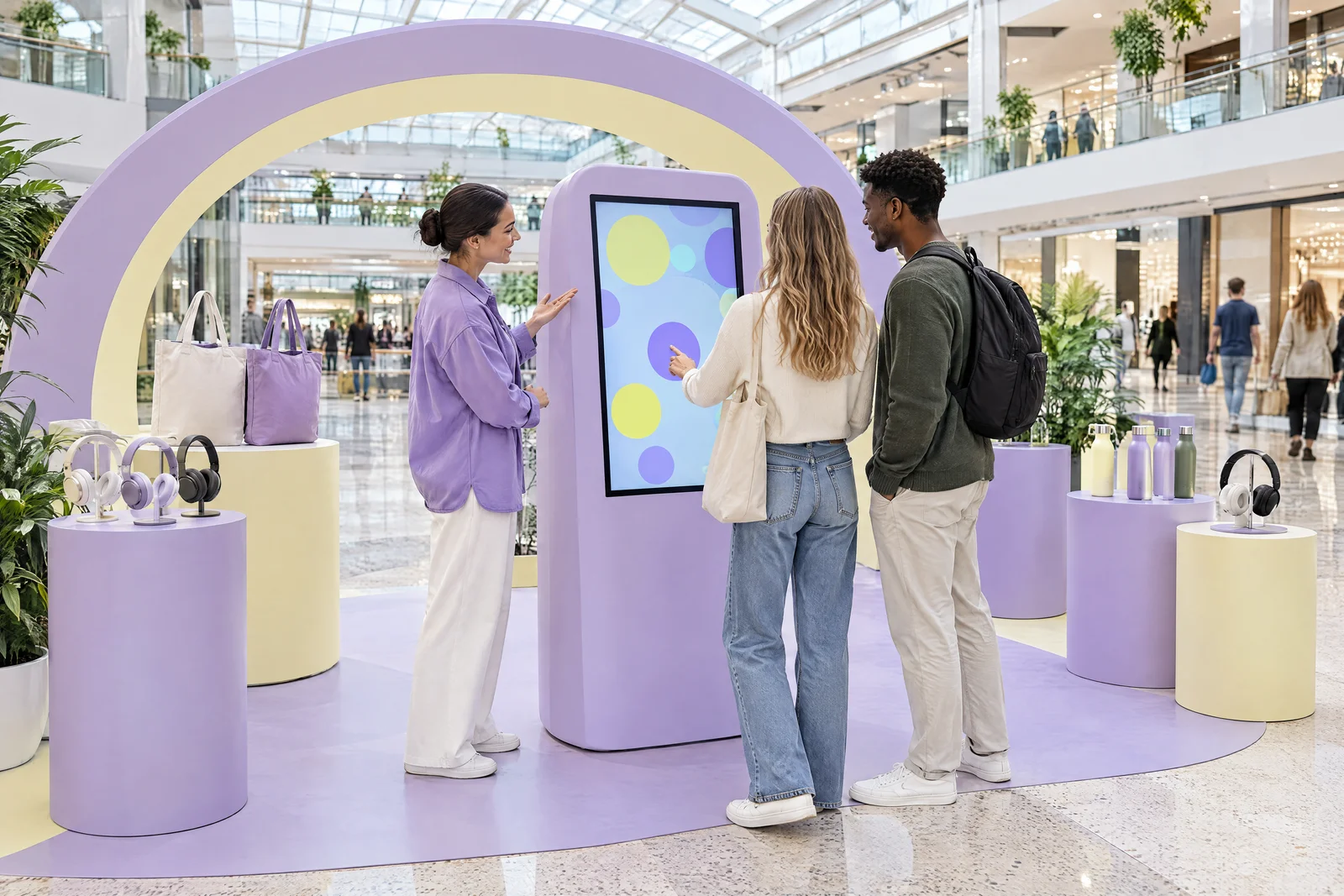 Besucher nehmen an einem interaktiven Aktionsstand im Einkaufszentrum an einer digitalen Promotion teil.