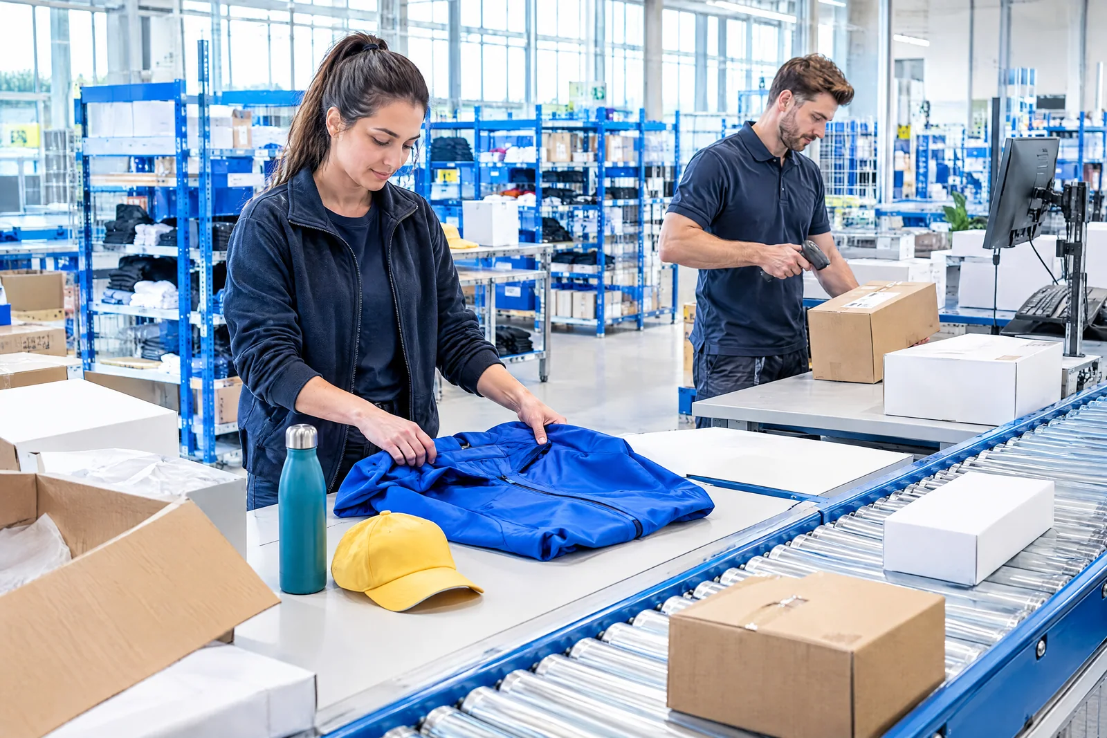Ein Fulfillment-Team bereitet unterschiedliche Aktionsprämien für den Versand vor.