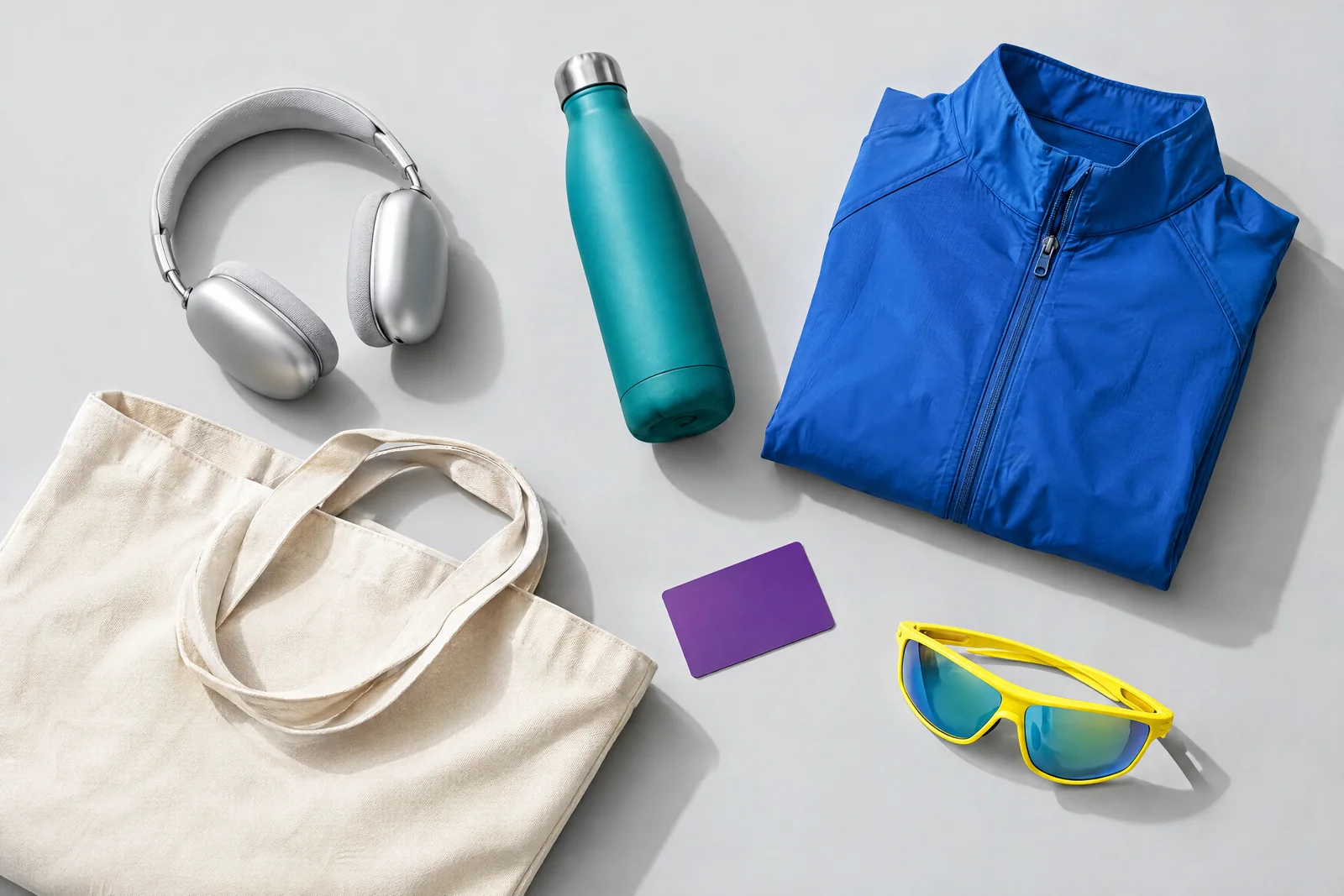 Unterschiedliche Prämien: Kopfhörer, Trinkflasche, Sportjacke, Tasche und Sonnenbrille.