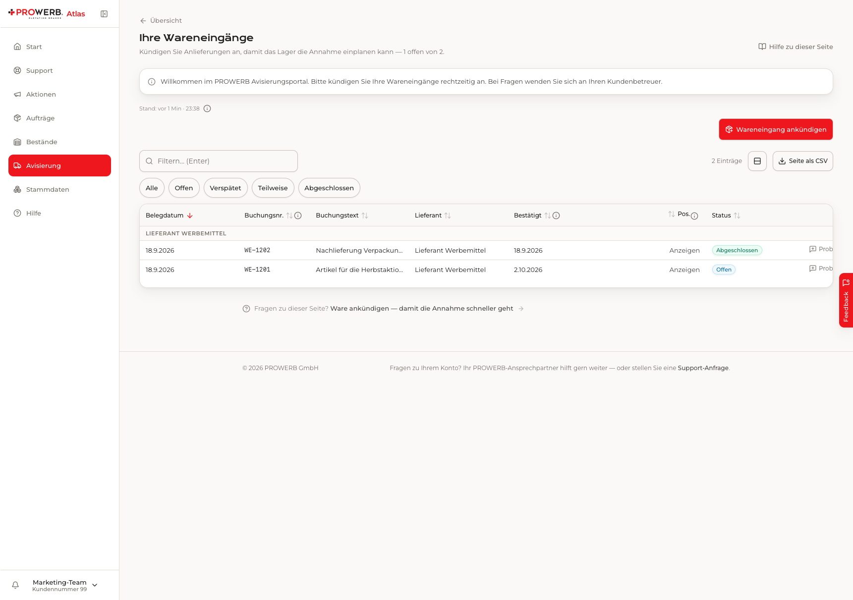 Einblick in Atlas: eine Ansicht aus dem Kundenportal von PROWERB.